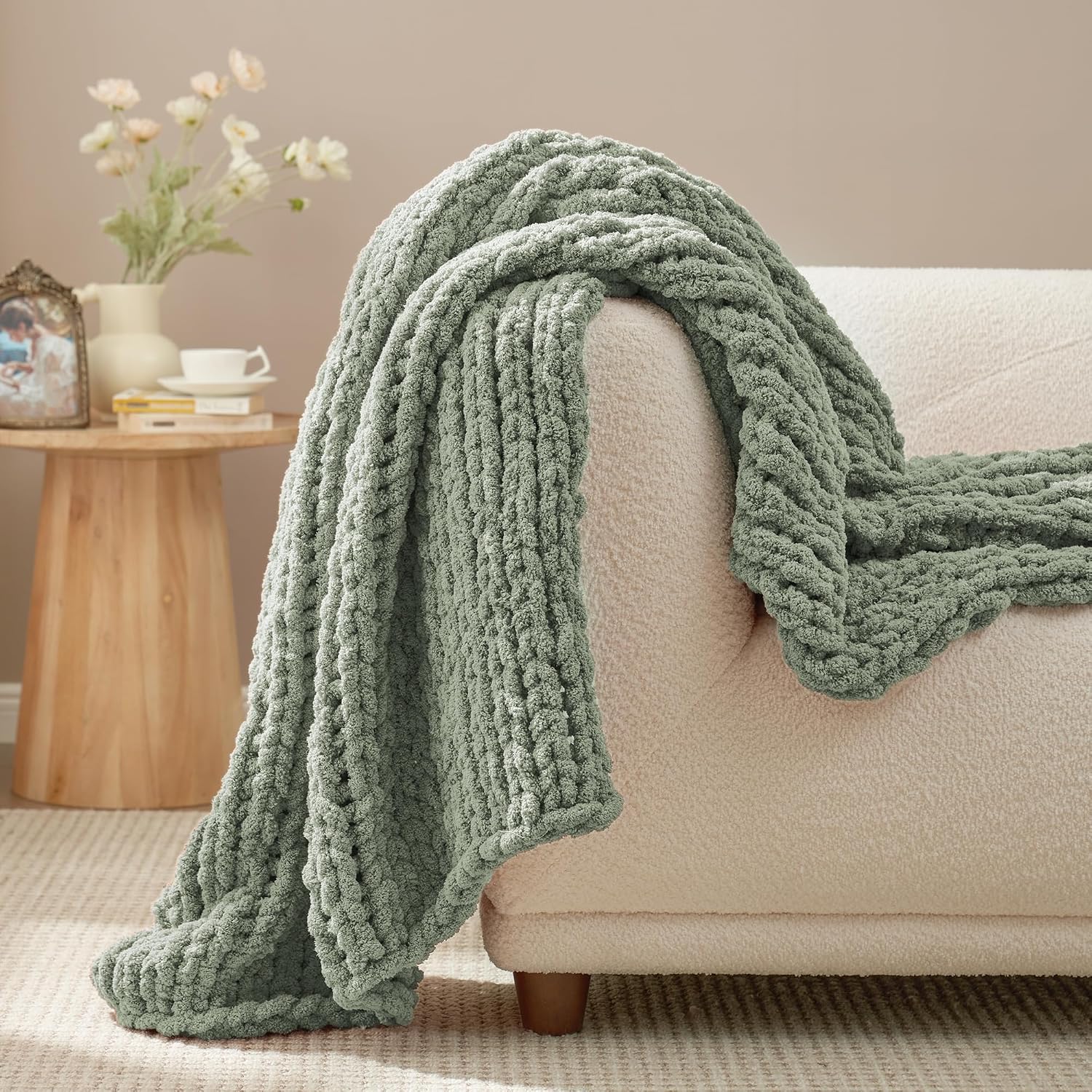 Chenille Chunky Knit Throw Blanket for Couch 50"x60", Sage Green | Handmade Chenille Crochet Throw for Sofa Bed, Thick Cable Knitted Blankets for Room Home Decor, Birthday Gift for Women - Image 2
