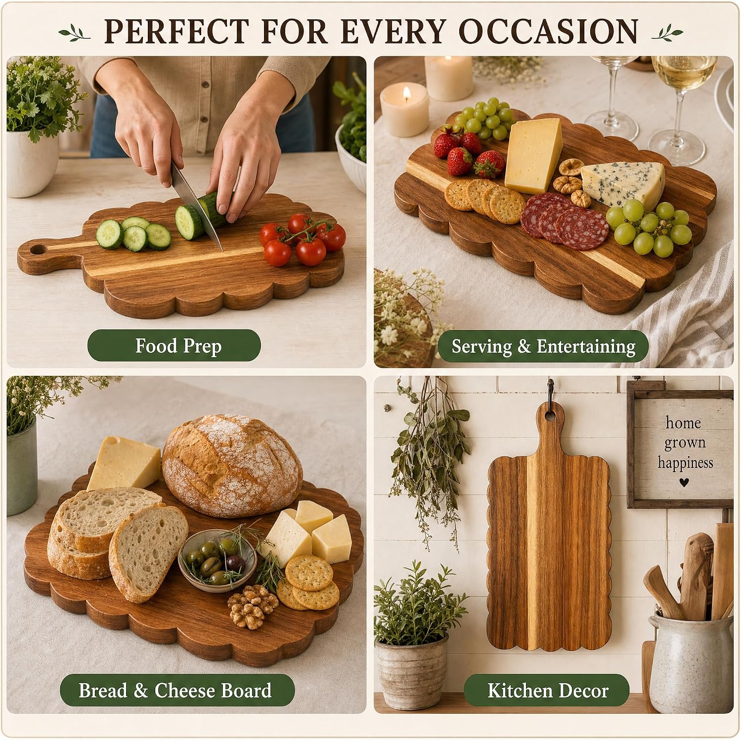 3-Piece Acacia Wood Scalloped Cutting Board Set with Handles, Decorative Wooden Charcuterie and Serving Boards for Cheese, Pizza, Meat, Fruit, Bread, Cottagecore Kitchen Decor - Image 4