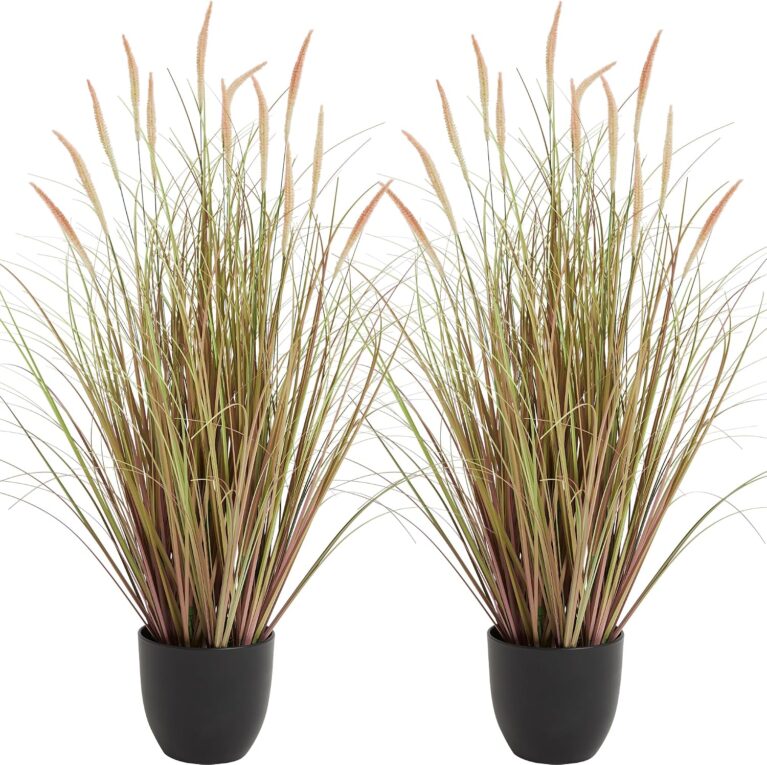 KOL 3ft 2-Pack Artificial Cattail Reed Grass, 35in Indoor Fake Onion Grass | Home Office Wedding Decorative Artificial Plants in Pot Faux Floor Plant Greenery, Outdoor Décor, Pink