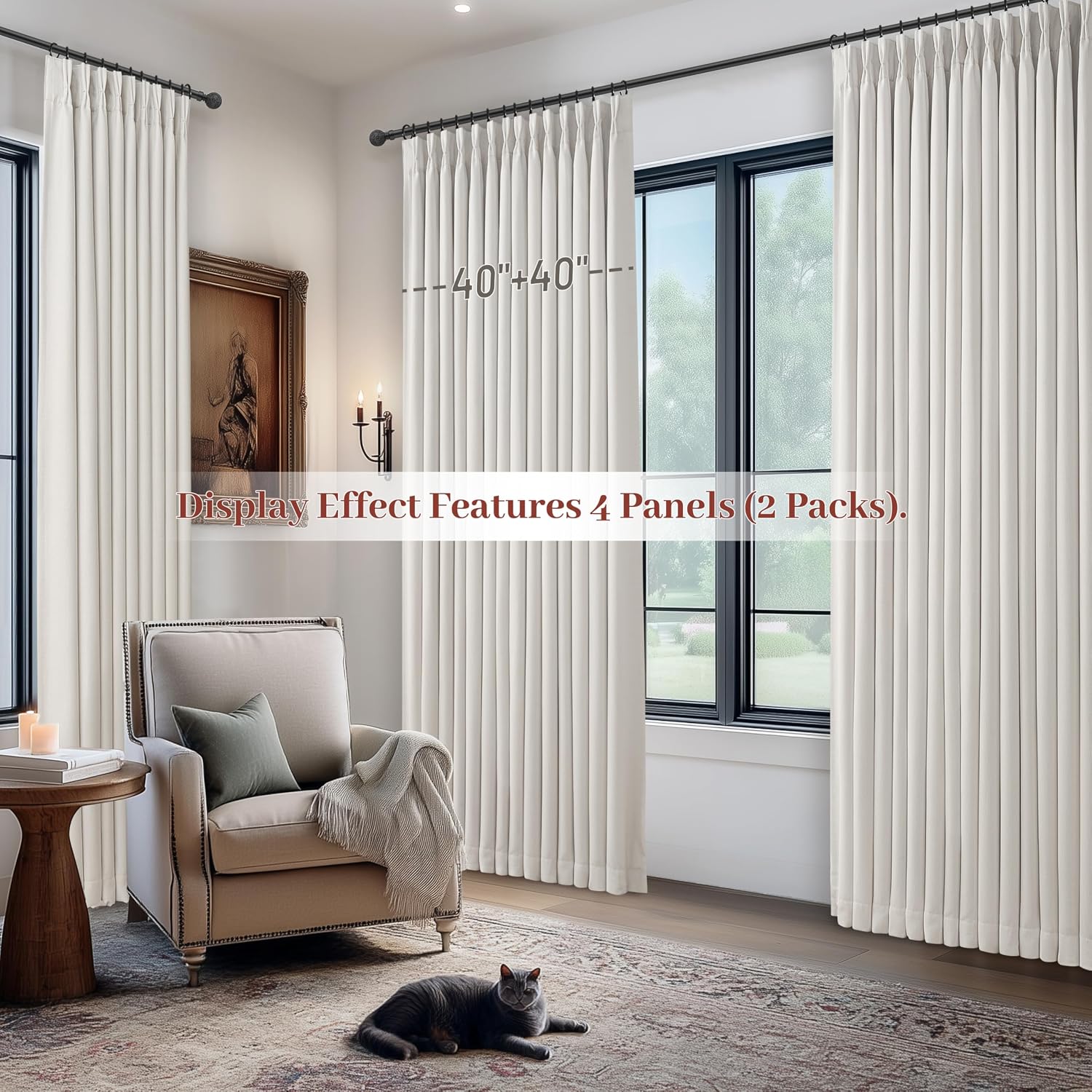 100% Blackout Linen 96 Inch Curtains 2 Panel Set for Bedroom, Modern Pinch Pleated Natural Linen Off Beige White Insulated Heavy Curtain 40 x 96 Inches Length Sliding Glass Door Room Darkening Drapes - Image 8