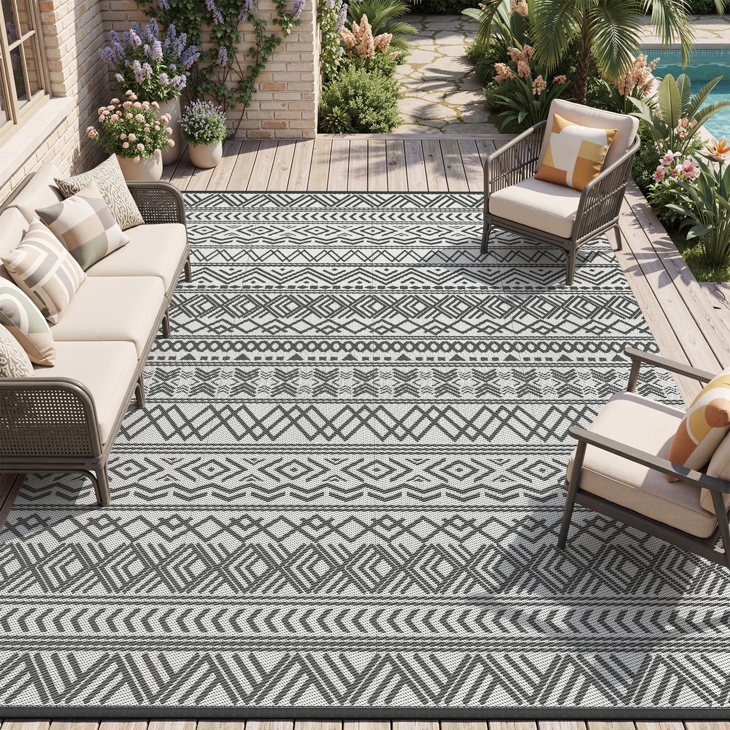 MontVoo Outdoor Rug Carpet Waterproof 5x8 Outdoor Patio Rug Mat Reverisble Plastic Straw Outdoor Rug for RV Camping Picnic Beach Balcony Boho Grey - Image 7