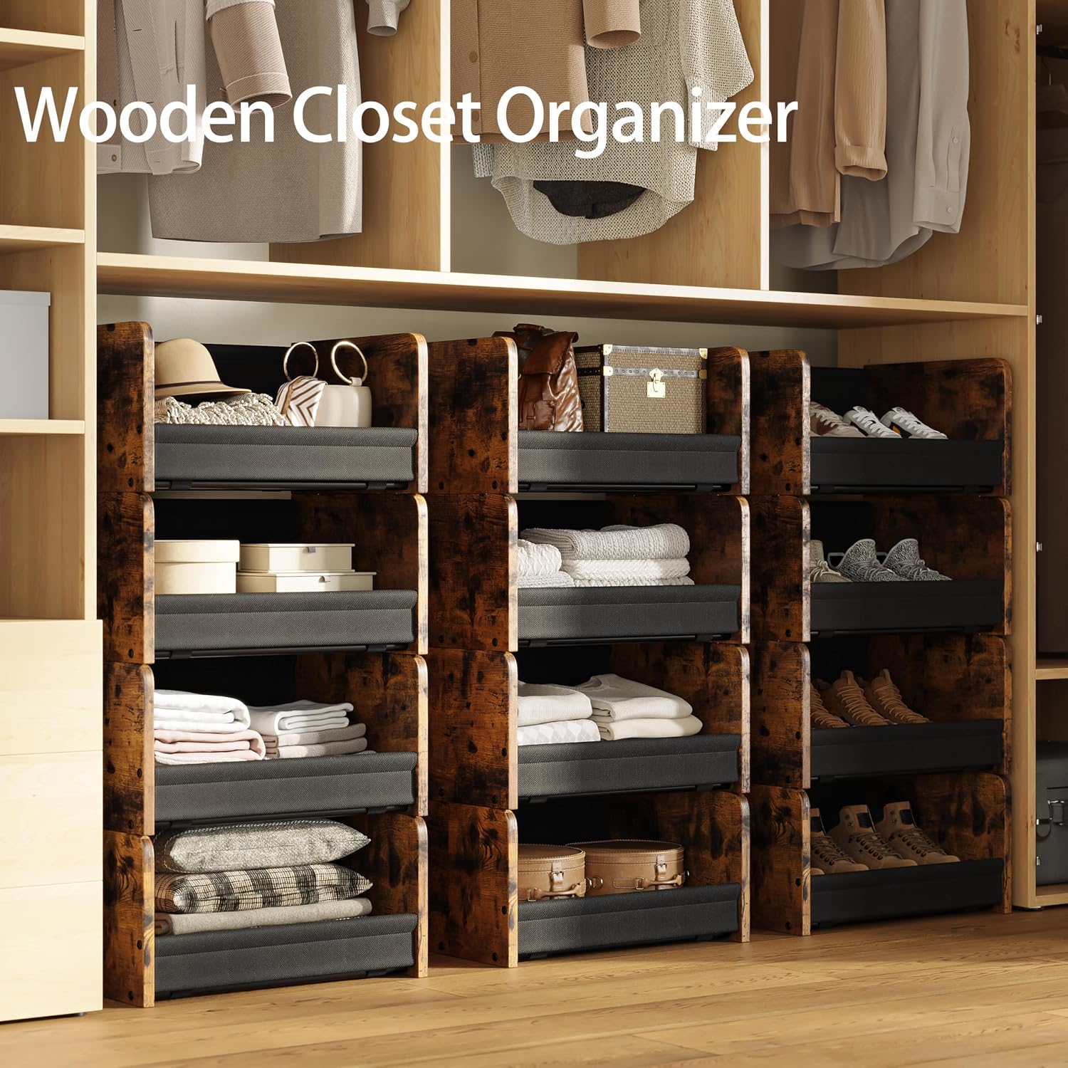 FOUCSSOMEI Closet Organizer and Storage, 4 Tier Stackable Storage Organizer, Wooden & Metal Closet Shelves, Modular Clothes Organizer, Storage Shelf, Bedroom & Closet Organization, Patent Design - Image 7
