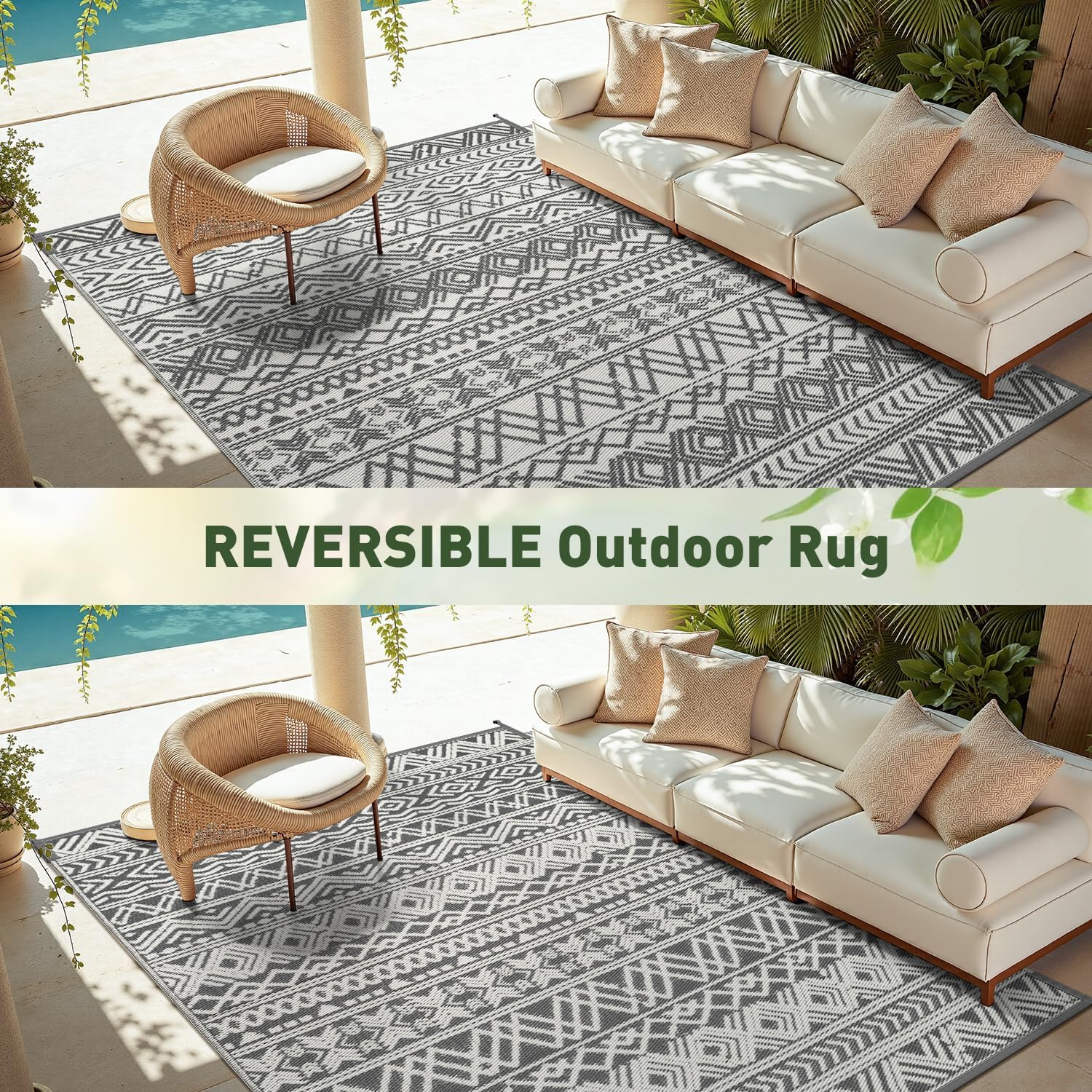 MontVoo Outdoor Rug Carpet Waterproof 5x8 Outdoor Patio Rug Mat Reverisble Plastic Straw Outdoor Rug for RV Camping Picnic Beach Balcony Boho Grey - Image 6