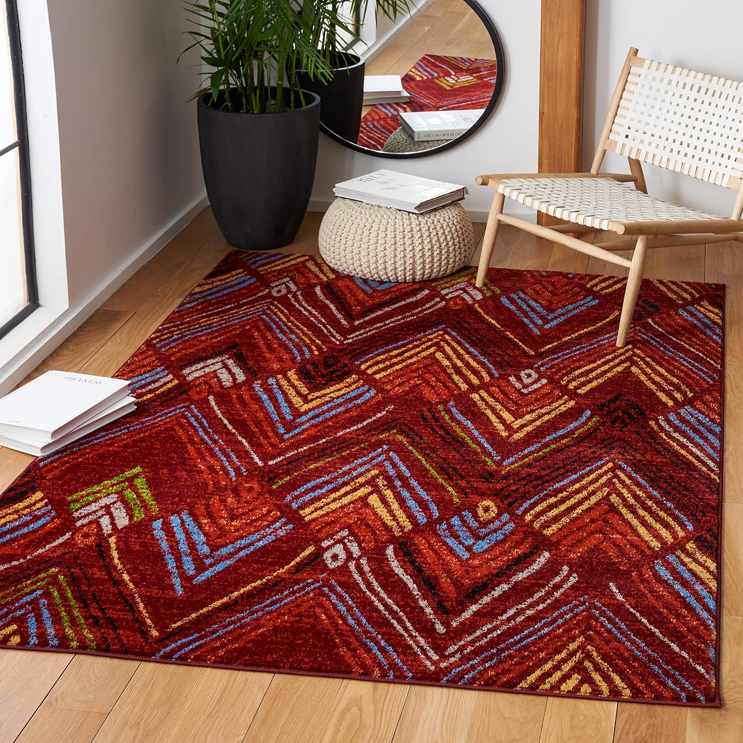 SAFAVIEH Amsterdam Collection Area Rug - 6'7" x 9'2", Red & Terracotta, Modern Design, Non-Shedding & Easy Care, Ideal for High Traffic Areas in Living Room, Bedroom (AMS110Q)